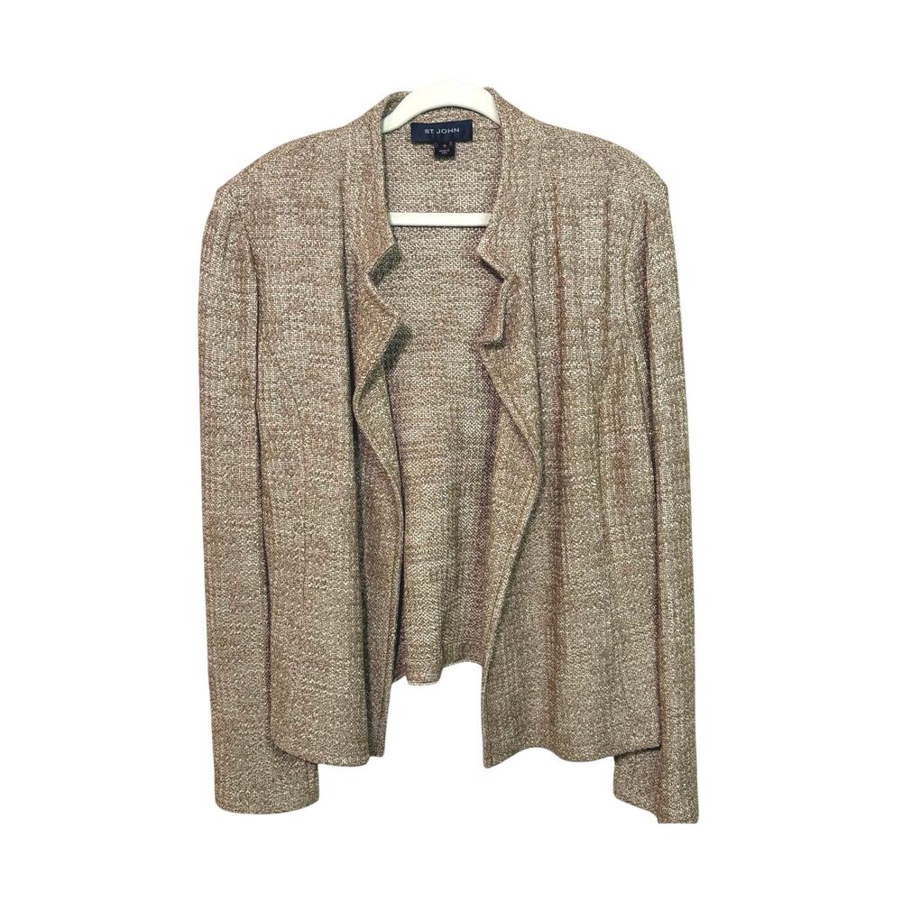 St. John Vintage Santana Gold Shimmer Open Front Knit Blazer Size 12